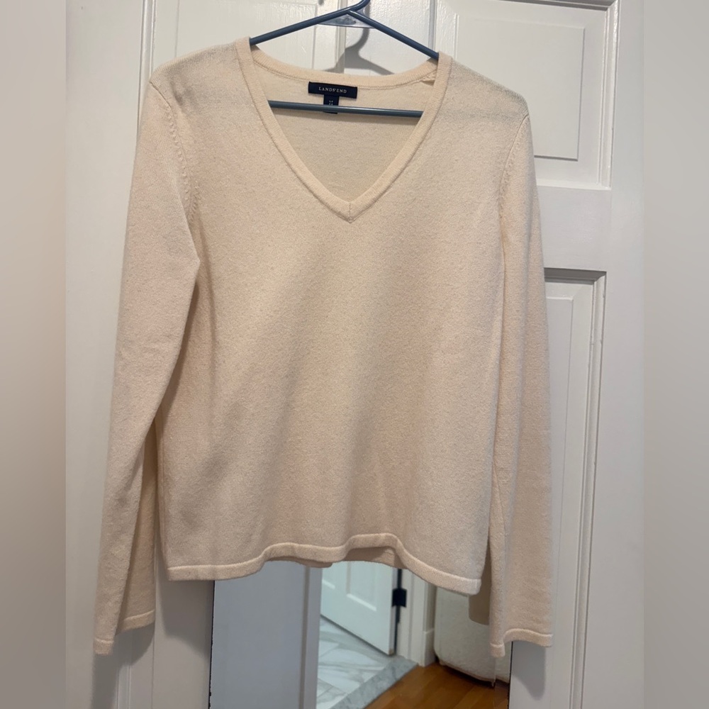 Lands' End Women's Cashmere Cream V-Neck Sweater